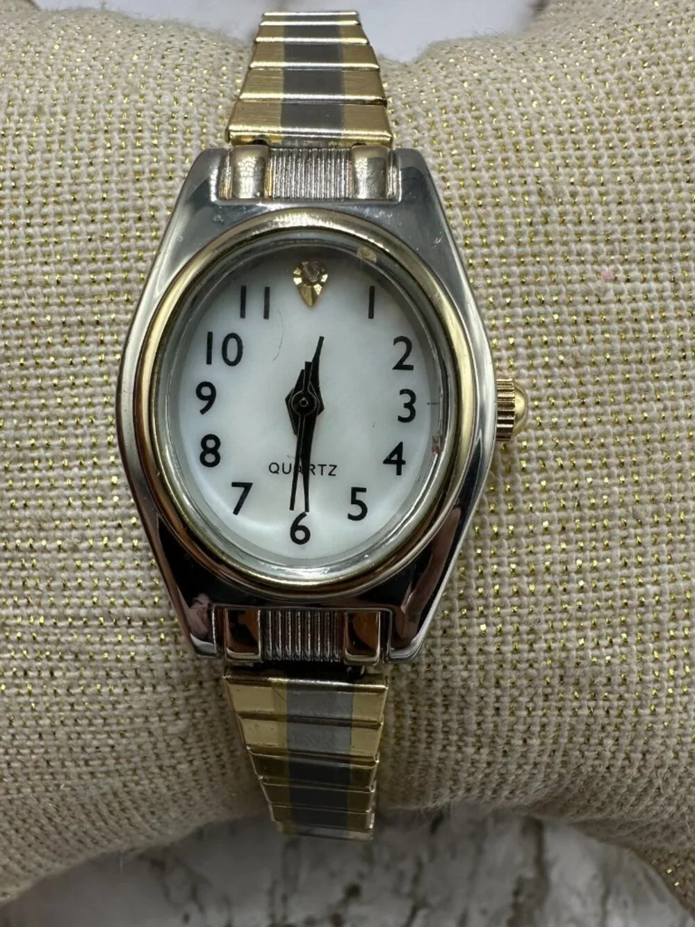 3/$30 Accutime Watch Women Silver Gold Oval Dial Stretch Band Works 6.5